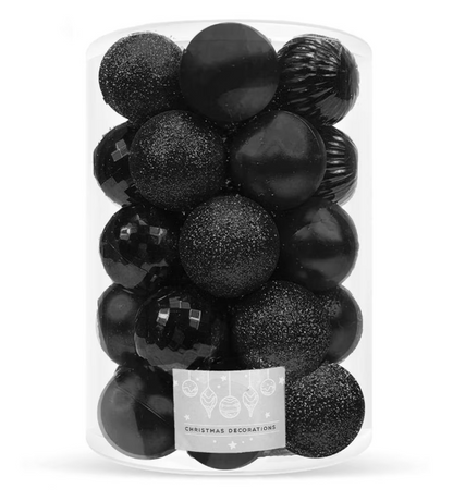 Set Premium Globuri de Crăciun (20 Bucăți), 6 cm, 5 Texturi Mixte, Culoare Negru