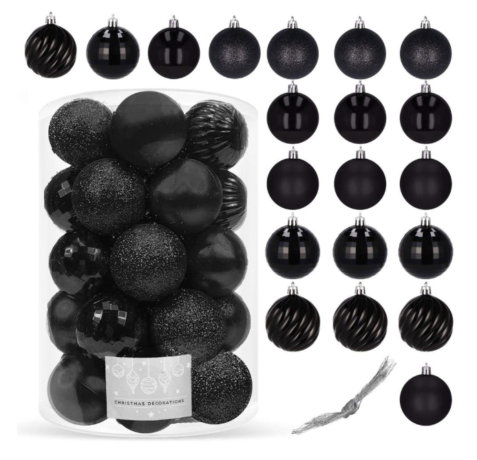 Set Premium Globuri de Crăciun (20 Bucăți), 6 cm, 5 Texturi Mixte, Culoare Negru