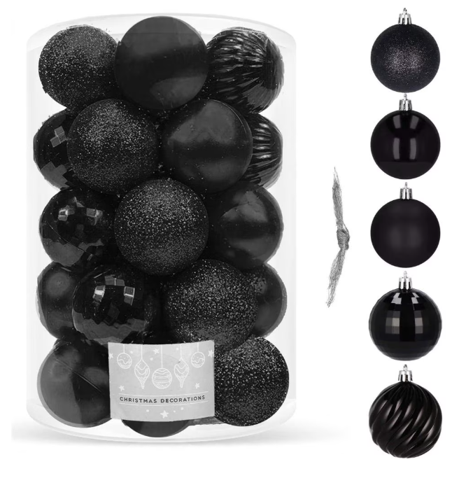 Set Premium Globuri de Crăciun (20 Bucăți), 6 cm, 5 Texturi Mixte, Culoare Negru