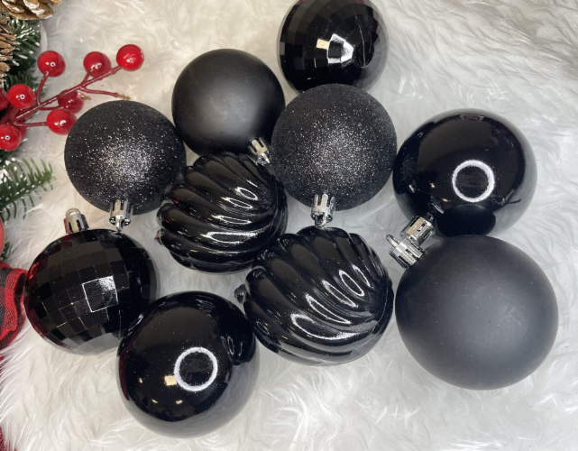 Set Premium Globuri de Crăciun (20 Bucăți), 6 cm, 5 Texturi Mixte, Culoare Negru