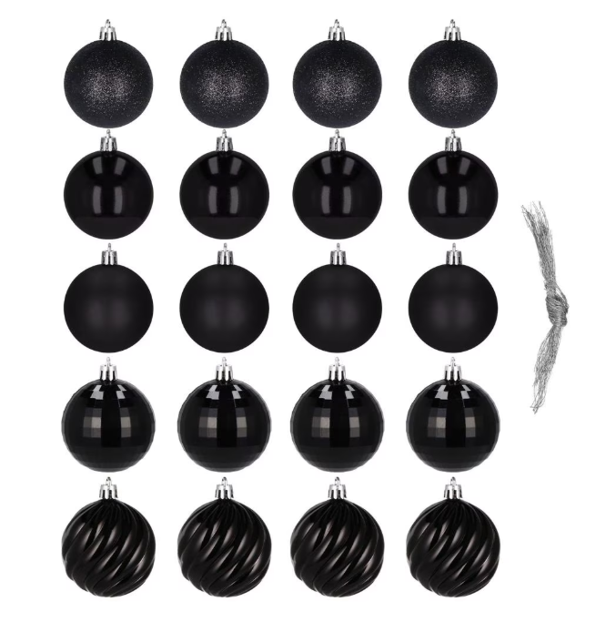 Set Premium Globuri de Crăciun (20 Bucăți), 6 cm, 5 Texturi Mixte, Culoare Negru