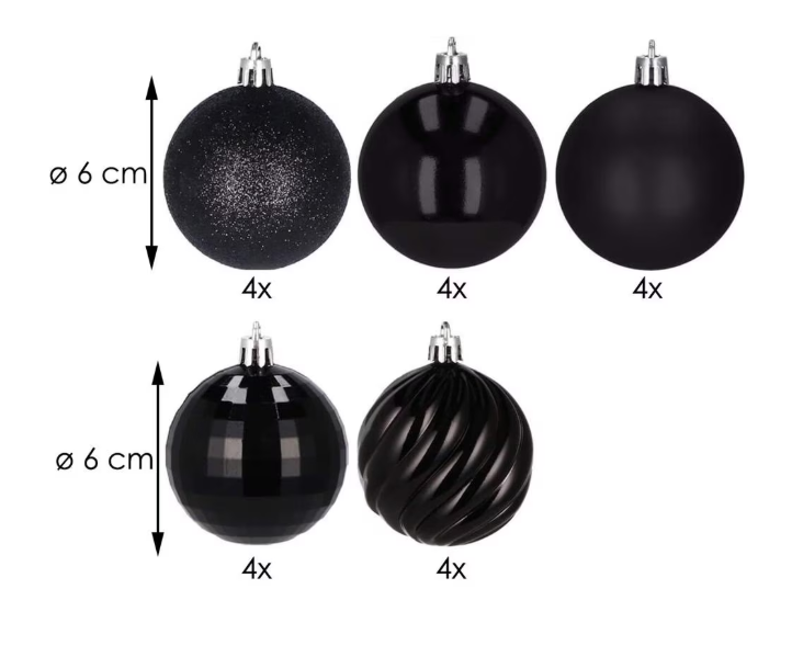 Set Premium Globuri de Crăciun (20 Bucăți), 6 cm, 5 Texturi Mixte, Culoare Negru