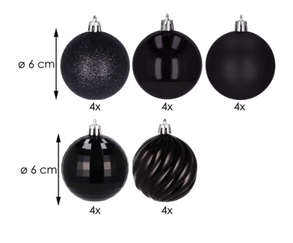 Set Premium Globuri de Crăciun (20 Bucăți), 6 cm, 5 Texturi Mixte, Culoare Negru