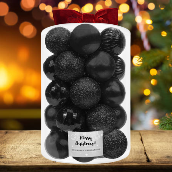 Set Premium Globuri de Crăciun (20 Bucăți), 6 cm, 5 Texturi Mixte, Culoare Negru