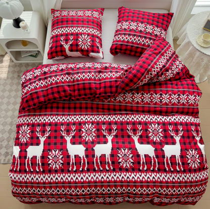 Lenjerie de Pat "Renul Magic de Crăciun" Bumbac Satinat Gros, Roșu Festiv, 160x200 (3 Piese)