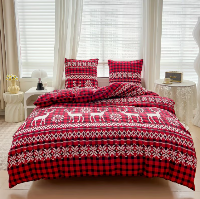 Lenjerie de Pat "Renul Magic de Crăciun" Bumbac Satinat Gros, Roșu Festiv, 160x200 (3 Piese)