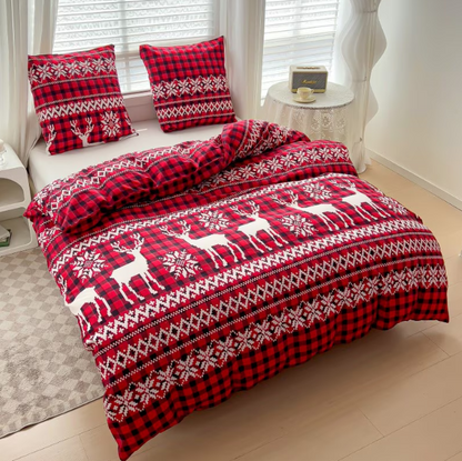 Lenjerie de Pat "Renul Magic de Crăciun" Bumbac Satinat Gros, Roșu Festiv, 140x200 (2 Piese)