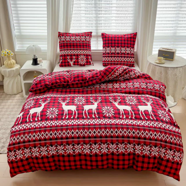 Lenjerie de Pat "Renul Magic de Crăciun" Bumbac Satinat Gros, Roșu Festiv, 140x200 (2 Piese)