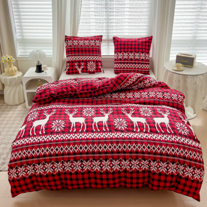 Lenjerie de Pat "Renul Magic de Crăciun" Bumbac Satinat Gros, Roșu Festiv, 140x200 (2 Piese)