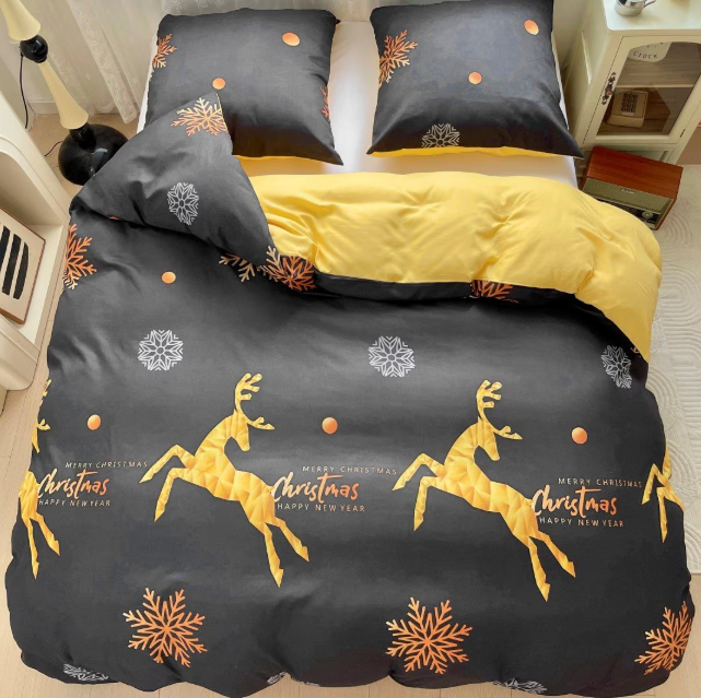 Lenjerie de Pat "Dansul Renilor Aurii" Bumbac Satinat Gros, Negru/Auriu, 140x200 (2 Piese)