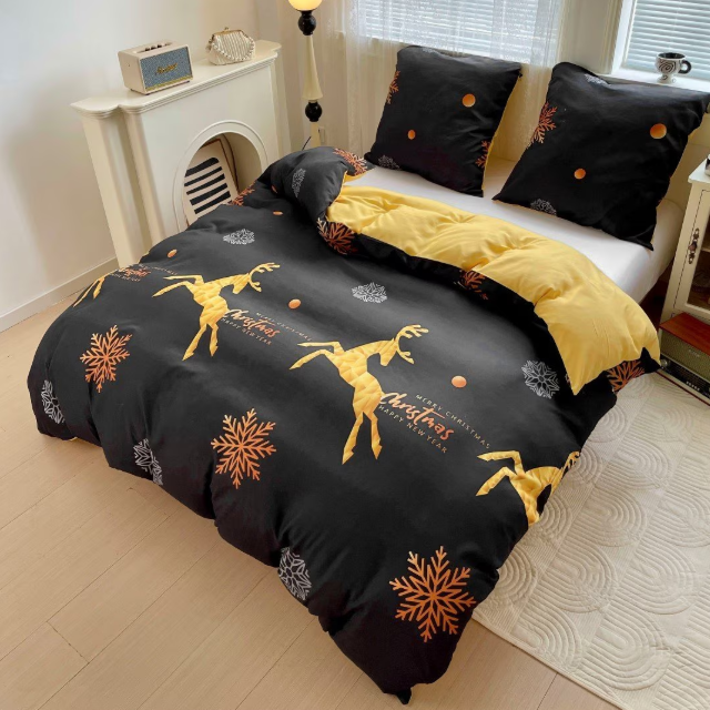 Lenjerie de Pat "Dansul Renilor Aurii" Bumbac Satinat Gros, Negru/Auriu, 140x200 (2 Piese)