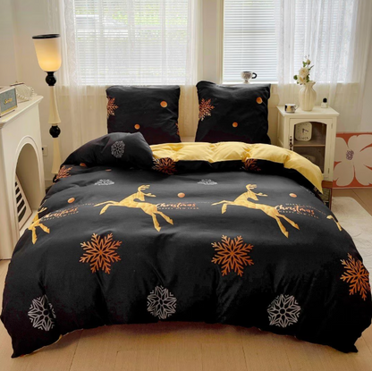 Lenjerie de Pat "Dansul Renilor Aurii" Bumbac Satinat Gros, Negru/Auriu, 140x200 (2 Piese)