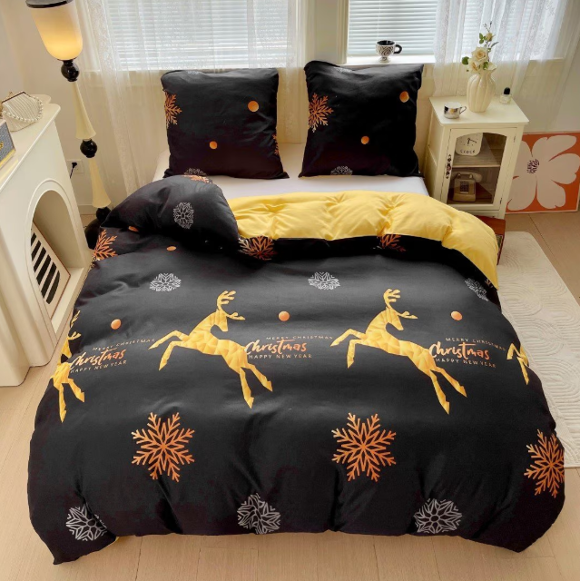 Lenjerie de Pat "Dansul Renilor Aurii" Bumbac Satinat Gros, Negru/Auriu, 140x200 (2 Piese)