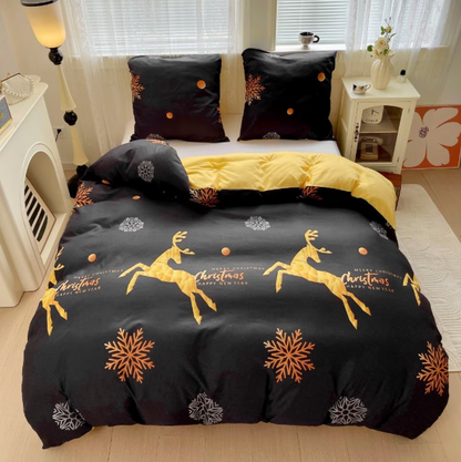 Lenjerie de Pat "Dansul Renilor Aurii" Bumbac Satinat Gros, Negru/Auriu, 140x200 (2 Piese)