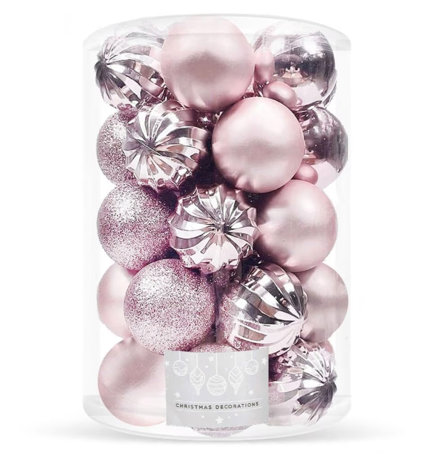Set Premium Globuri de Crăciun (20 Bucăți), 6 cm, 5 Texturi Mixte, Culoare Roz