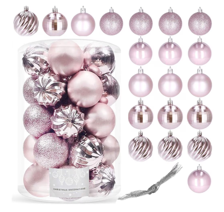 Set Premium Globuri de Crăciun (20 Bucăți), 6 cm, 5 Texturi Mixte, Culoare Roz