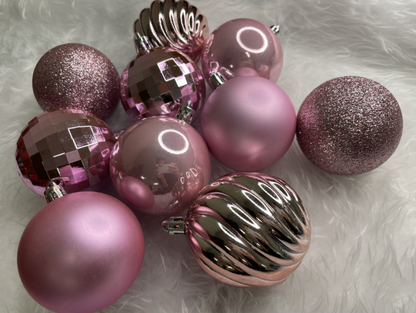 Set Premium Globuri de Crăciun (20 Bucăți), 6 cm, 5 Texturi Mixte, Culoare Roz