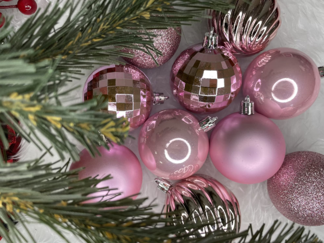 Set Premium Globuri de Crăciun (20 Bucăți), 6 cm, 5 Texturi Mixte, Culoare Roz