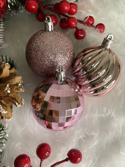 Set Premium Globuri de Crăciun (20 Bucăți), 6 cm, 5 Texturi Mixte, Culoare Roz