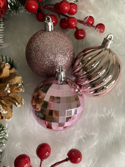 Set Premium Globuri de Crăciun (20 Bucăți), 6 cm, 5 Texturi Mixte, Culoare Roz