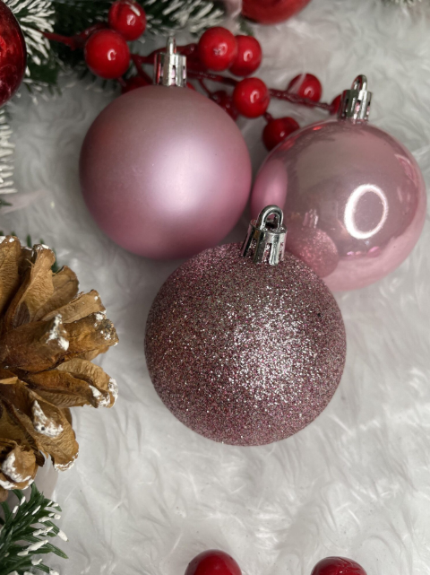 Set Premium Globuri de Crăciun (20 Bucăți), 6 cm, 5 Texturi Mixte, Culoare Roz