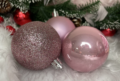 Set Premium Globuri de Crăciun (20 Bucăți), 6 cm, 5 Texturi Mixte, Culoare Roz