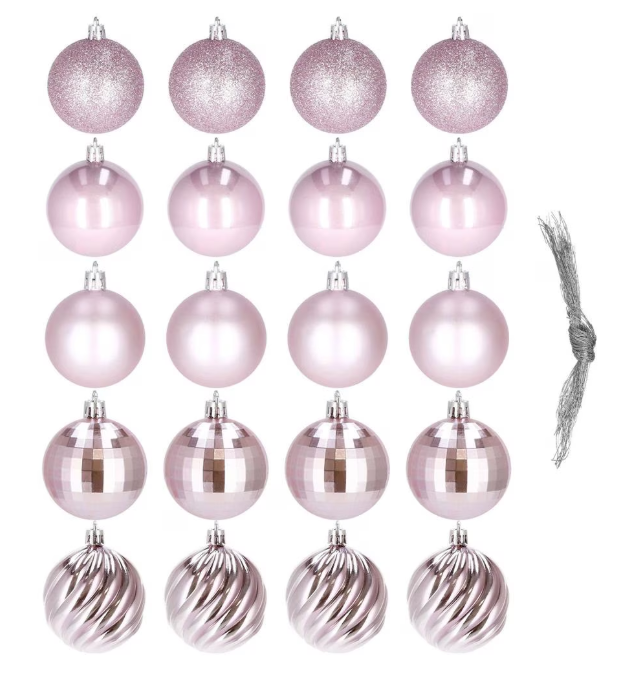 Set Premium Globuri de Crăciun (20 Bucăți), 6 cm, 5 Texturi Mixte, Culoare Roz