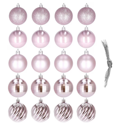 Set Premium Globuri de Crăciun (20 Bucăți), 6 cm, 5 Texturi Mixte, Culoare Roz