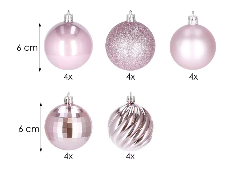 Set Premium Globuri de Crăciun (20 Bucăți), 6 cm, 5 Texturi Mixte, Culoare Roz