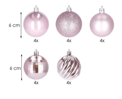 Set Premium Globuri de Crăciun (20 Bucăți), 6 cm, 5 Texturi Mixte, Culoare Roz