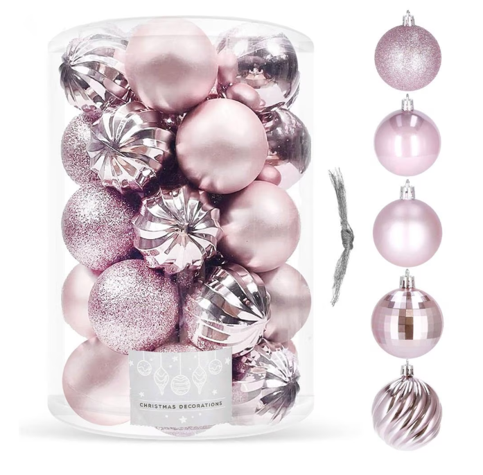 Set Premium Globuri de Crăciun (20 Bucăți), 6 cm, 5 Texturi Mixte, Culoare Roz