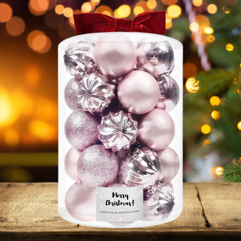 Set Premium Globuri de Crăciun (20 Bucăți), 6 cm, 5 Texturi Mixte, Culoare Roz