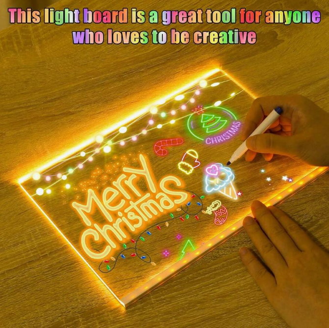 Tablă de Mesaje LED "LumiNote", 30x20 cm, Set cu 7 Markere Fluorescente, Reutilizabilă, Iluminare Neon