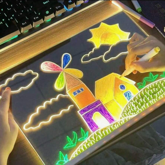 Tablă de Mesaje LED "LumiNote", 30x20 cm, Set cu 7 Markere Fluorescente, Reutilizabilă, Iluminare Neon