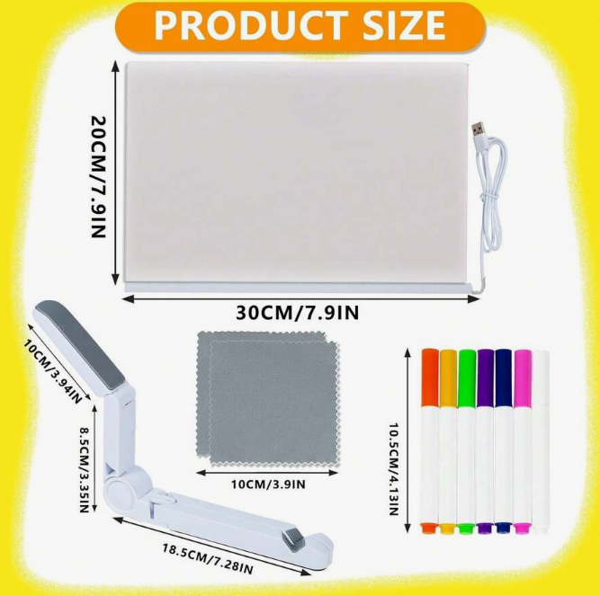 Tablă de Mesaje LED "LumiNote", 30x20 cm, Set cu 7 Markere Fluorescente, Reutilizabilă, Iluminare Neon