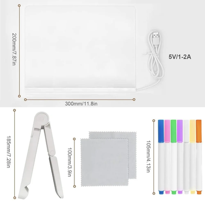 Tablă de Mesaje LED "LumiNote", 30x20 cm, Set cu 7 Markere Fluorescente, Reutilizabilă, Iluminare Neon