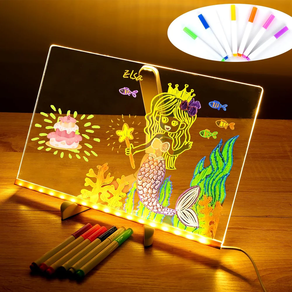 Tablă de Mesaje LED "LumiNote", 30x20 cm, Set cu 7 Markere Fluorescente, Reutilizabilă, Iluminare Neon