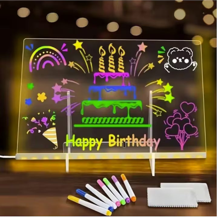 Tablă de Mesaje LED "LumiNote", 30x20 cm, Set cu 7 Markere Fluorescente, Reutilizabilă, Iluminare Neon