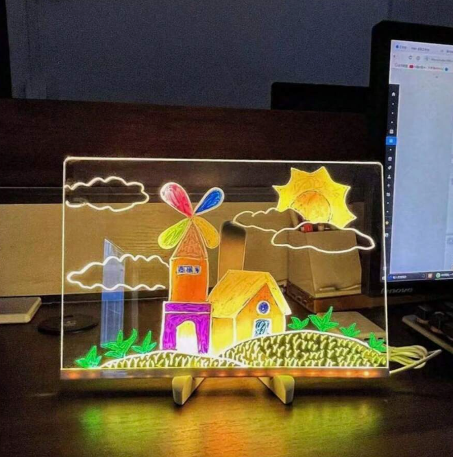 Tablă de Mesaje LED "LumiNote", 30x20 cm, Set cu 7 Markere Fluorescente, Reutilizabilă, Iluminare Neon