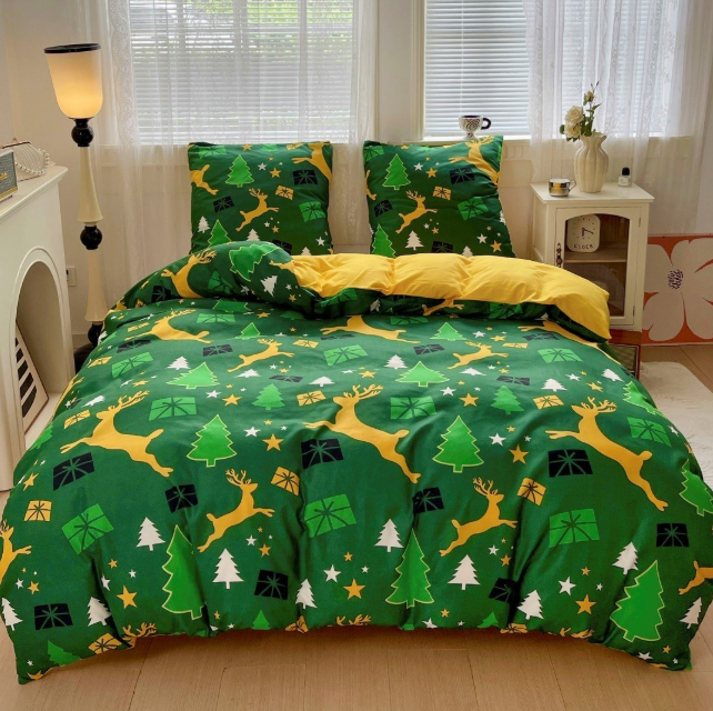 Lenjerie de Pat "Bradul Verde" Bumbac Satinat, Reversibil, 160x200 (3 Piese)