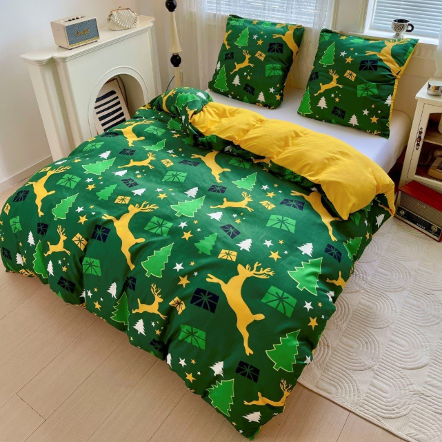 Lenjerie de Pat "Bradul Verde" Bumbac Satinat, Reversibil, 160x200 (3 Piese)