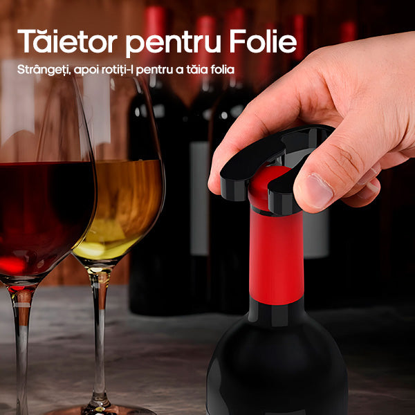 Set Electric Deluxe pentru Vin (5 Piese), Deschizător Automat, Aerator & Accesorii, Negru Mat