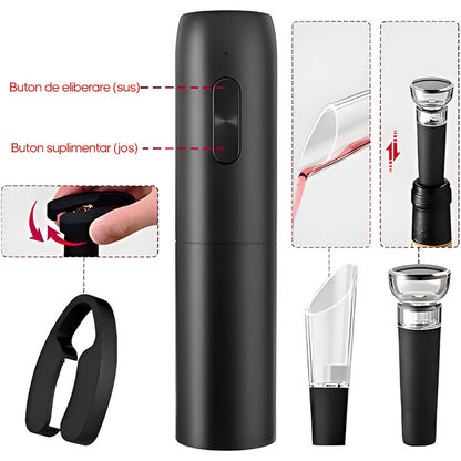 Set Electric Deluxe pentru Vin (5 Piese), Deschizător Automat, Aerator & Accesorii, Negru Mat