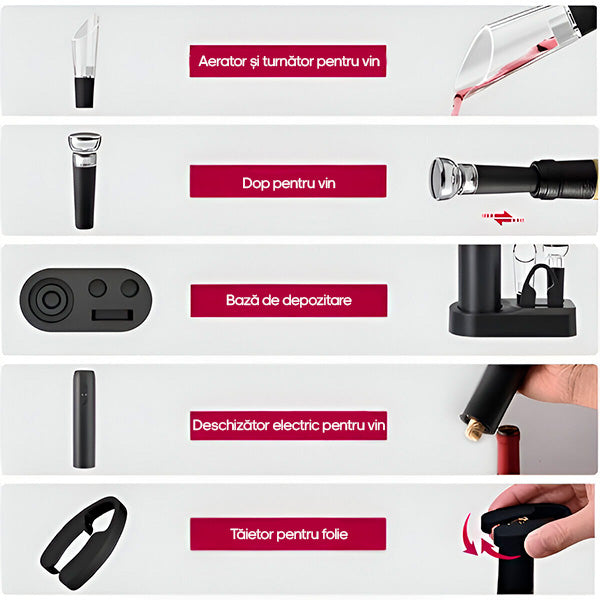 Set Electric Deluxe pentru Vin (5 Piese), Deschizător Automat, Aerator & Accesorii, Negru Mat