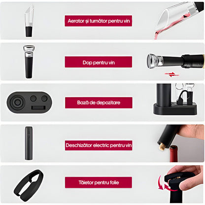 Set Electric Deluxe pentru Vin (5 Piese), Deschizător Automat, Aerator & Accesorii, Negru Mat