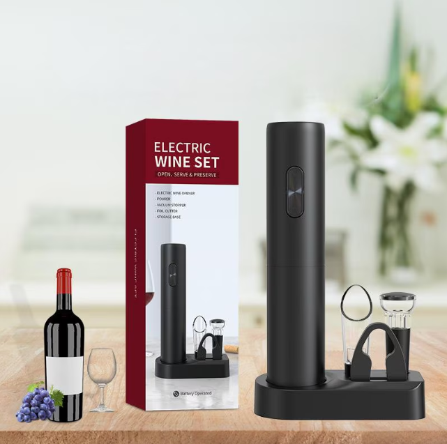 Set Electric Deluxe pentru Vin (5 Piese), Deschizător Automat, Aerator & Accesorii, Negru Mat